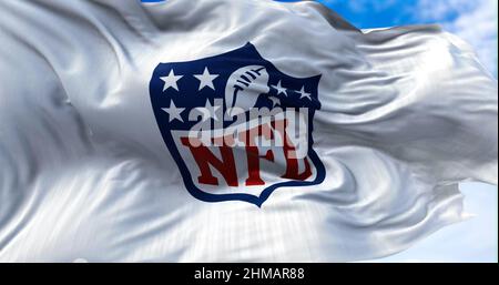 Inglewood, CA, USA, Gennaio 2022: La bandiera con il logo NFL che sventola nel vento. La NFL è una lega di calcio americana professionale Foto Stock