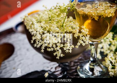 Preparazione di una bevanda sana di sambuco e sciroppo. Fiore di sambuco in tazza e in ciotola sul tavolo, primo piano. Foto Stock