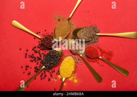 Composizione con cucchiai di spezie diverse su sfondo rosso Foto Stock
