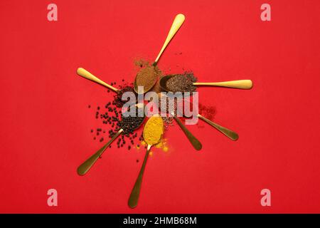 Composizione con cucchiai di spezie diverse su sfondo rosso Foto Stock
