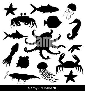 Set di cartoni animati bianchi neri con silhouette, isolati da animali marini a forma di oceano. Gamberi vettoriali di Doodle, Cavallo di mare, stelle di pesce di meduse, granchio, polpo in piatto s. Illustrazione Vettoriale