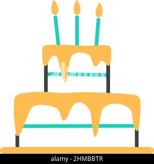 Torta di compleanno con icona della linea di candele. Dessert glassato di festa isolato su sfondo bianco. Astratto gustoso oggetto crema decorato per la carta di compleanno in Illustrazione Vettoriale