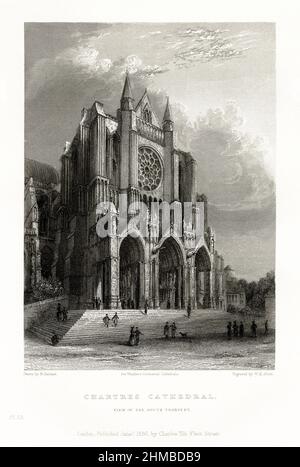 Cattedrale francese, Cattedrale di Chartres, Rouen, Francia, incisione francese antica, 1837 Foto Stock
