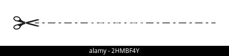 Forbici con un'icona a linea tratteggiata. Pittogramma per coupon, voucher, etichette, pagine cartacee. Illustrazione vettoriale del contorno isolata su sfondo bianco. Illustrazione Vettoriale