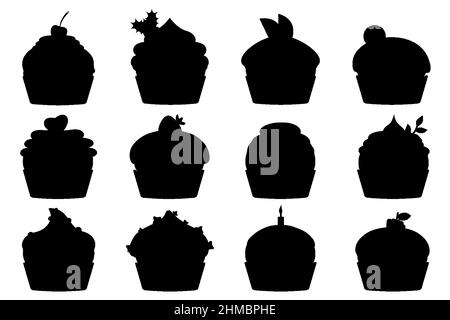 Silhouette dolce muffin collezioni decorate con ciliegia, mora e menta, candela, limone, biscotti, fragola. Cupcake con panna e cioccolato. Pasticcini cosparsi di gustose briciole.Vector Illustrazione Vettoriale