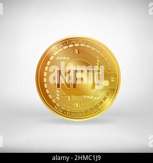 Moneta d'oro a gettone non-fungibile (NFT). Icona della valuta crittografica digitale. Illustrazione Vettoriale