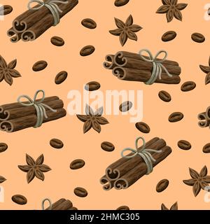 Modello senza cuciture con caffè, anice stellato e bastoncini di cannella. Illustrazione Vettoriale