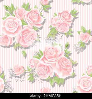 Rosa crema rose motivo vettoriale senza cuciture con sfondo a strisce verticali Illustrazione Vettoriale
