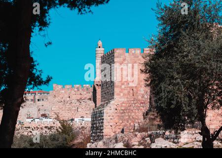 La famosa Torre di Davide nella Città Vecchia di Gerusalemme sulle antiche mura Foto Stock