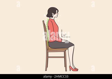 Giovane donna seduta sulla sedia in posizione corretta pensare alla schiena. Donna dipendente destra posizione sedentaria sul lavoro. Assistenza sanitaria e concetto di postura errato. Stile di vita sano. Illustrazione vettoriale. Illustrazione Vettoriale