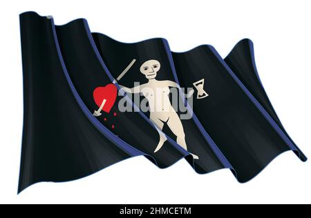 Illustrazione vettoriale di un agitato Jolly Roger del pirata John Quelch. Tutti gli elementi in modo preciso su livelli e gruppi ben definiti. Illustrazione Vettoriale