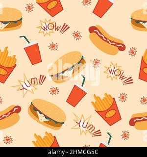 Illustrazione vettoriale di fast food senza giunture. Hot dog, patatine fritte, hamburger, caffè. Iscrizioni di testo WOW, YUM. Illustrazione Vettoriale