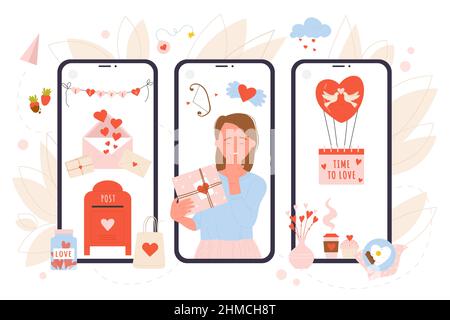 Amore regali sugli schermi di telefoni cellulari illustrazione vettoriale. Cartoon ragazza felice con regalo romantico nelle mani, mailbox con lettere cartacee e cuori rossi, palloncino. Concetto di giorno di San Valentino Illustrazione Vettoriale