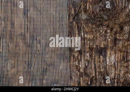 Rete bianca in plastica su sfondo di legno scuro. Superficie di legno incrinata con crepe e schegge. Vista dall'alto. Messa a fuoco selettiva. Foto Stock