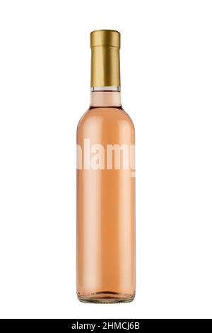 primo piano della vista frontale del piccolo mockup di 375ml bottiglie di vino di rosa con tappo color oro e nessuna etichetta isolata su sfondo bianco Foto Stock