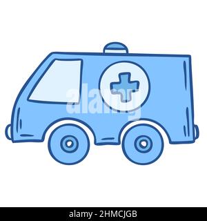 Ambulanza auto in stile doodle isolato su sfondo bianco. Illustrazione vettoriale Illustrazione Vettoriale