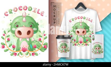 Coccodrillo in poster floreale e merchandising. Illustrazione Vettoriale
