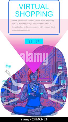 Concetto di realtà virtuale Virtual Shopping Flat Illustration metaverse, può essere utilizzato per landing page, web, ui, banner, template, background, sviluppo web Illustrazione Vettoriale