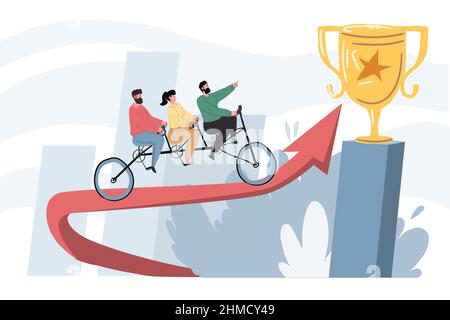 I personaggi del cartoon piatto cavalcano la bicicletta tandem, l'impostazione degli obiettivi e il concetto di illustrazione vettoriale della metafora di successo del lavoro di squadra Illustrazione Vettoriale