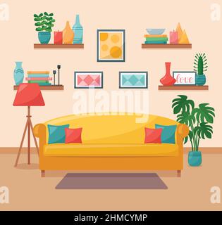 Soggiorno interno. Divano, mensole, quadri, lampada da pavimento e casalinghi, illustrazione vettoriale Illustrazione Vettoriale
