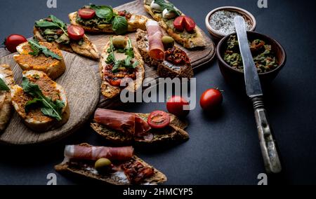 Set di bruschette diverse Foto Stock