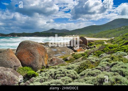 La costa selvaggia con massi giganti di granito a Squeaky Beach, Wilsons Promontory National Park, Victoria, Australia Foto Stock