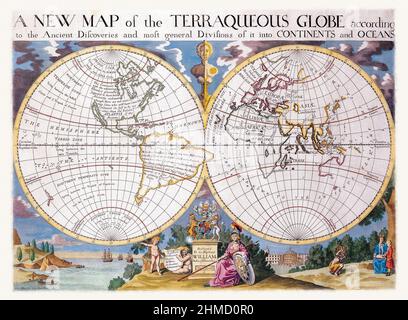 Mappa del mondo dell'antiquariato di alta qualità - Edward Wells 1700 , Illustrazione Foto Stock