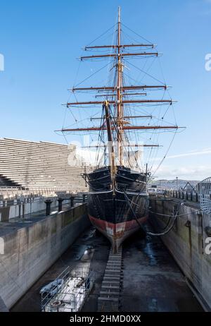 Nave Discovery RRS, Discovery Point, Dundee, Scozia. La scoperta fu la nave usata dal capitano Scott durante la spedizione Nazionale Antartica. Foto Stock