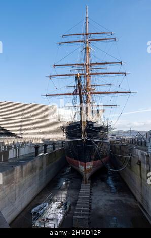 Nave Discovery RRS, Discovery Point, Dundee, Scozia. La scoperta fu la nave usata dal capitano Scott durante la spedizione Nazionale Antartica. Foto Stock