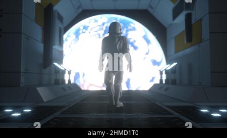 Astronauta nello spazio esterno. Concetto astronauta futuristico. Solo astronauta in futuristica nave spaziale. 3d rendering Foto Stock