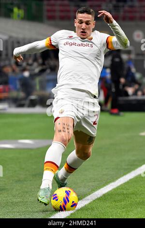 Milano, Italia. 08th Feb 2022. Nicolo Zaniolo di AS Roma in azione durante la partita di calcio finale della Coppa Italia tra FC Internazionale e AS Roma allo stadio San Siro di Milano (Italia), 8th febbraio 2021. Foto Andrea Staccioli/Insidefoto Credit: Ininsidefoto srl/Alamy Live News Foto Stock