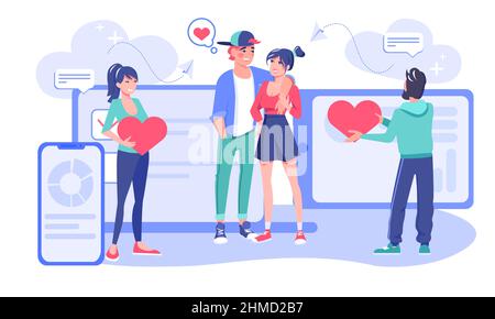 Persone che utilizzano l'app datazione per trovare l'illustrazione vettoriale dell'amore Illustrazione Vettoriale