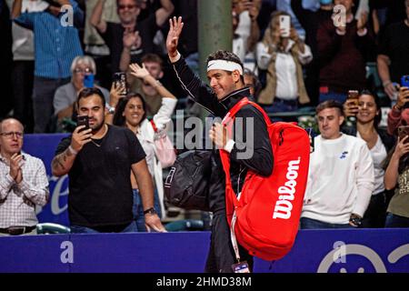 Buenos Aires, Capital Ferderal, Argentina: 8 febbraio 2022, Ciudad AutÃ³noma dopo 965 giorni di inattività e quattro operazioni, il tennista argentino, ex numero 3 nel mondo, .campione della Coppa Davis nel 2016, degli Stati Uniti aperti nel 2009 e medaglia olimpica doppia (Argento in .Rio de Janeiro 2016 e bronzo a Londra 2012) Juan MartÃ-n del Potro, perso nel suo debutto all'Argentine Open .contro il suo connazionale e amico Federico Delbonis 6-1 e 6-3.anche se ha evitato di annunciare il suo definitivo ritiro sulla sua rimonta, Nel primo round dell'ATP 250 .in Argentina a t Foto Stock