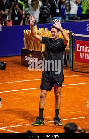 Buenos Aires, Capital Ferderal, Argentina: 8 febbraio 2022, Ciudad AutÃ³noma dopo 965 giorni di inattività e quattro operazioni, il tennista argentino, ex numero 3 nel mondo, .campione della Coppa Davis nel 2016, degli Stati Uniti aperti nel 2009 e medaglia olimpica doppia (Argento in .Rio de Janeiro 2016 e bronzo a Londra 2012) Juan MartÃ-n del Potro, perso nel suo debutto all'Argentine Open .contro il suo connazionale e amico Federico Delbonis 6-1 e 6-3.anche se ha evitato di annunciare il suo definitivo ritiro sulla sua rimonta, Nel primo round dell'ATP 250 in Argentina at Foto Stock