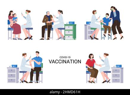 una raccolta di illustrazioni di varie età che vaccinano contro i covidi o qualsiasi tipo di virus Illustrazione Vettoriale