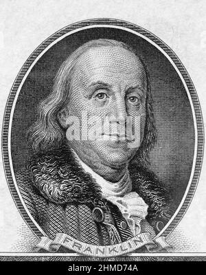 Benjamin Franklin ritratto della Serie 1928 A , banconote in dollari statunitensi. Primo piano verticale Vecchio ritratto Foto Stock