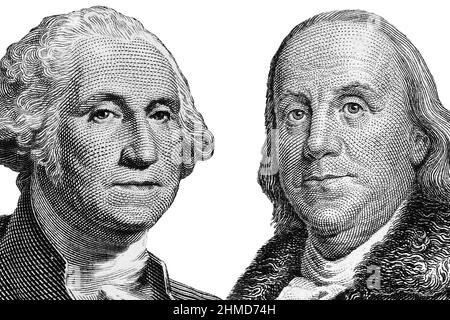 Presidenti AMERICANI George Washington, Benjamin Franklin , ritratti da dollari americani fatture isolate, Stati Uniti closeup denaro Foto Stock