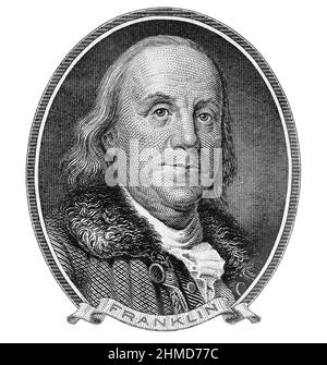 Benjamin Franklin ritratto della Serie 1928 A , banconote in dollari statunitensi. Primo piano verticale Vecchio ritratto Foto Stock