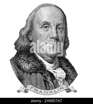 Benjamin Franklin ritratto della Serie 1928 A , banconote in dollari statunitensi. Primo piano verticale Vecchio ritratto Foto Stock