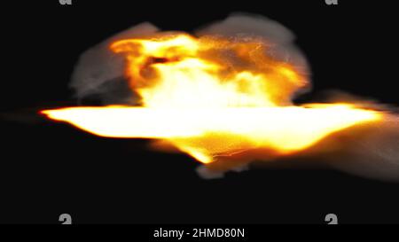 Flash luminoso con 3D spruzzi di nebbia fitta. Potente esplosione con diffusione di fiamma sulla superficie. Scoppio di energia dopo esperimento termico fallito. Visualizzazione di un colpo da arma di calibro grande. Foto Stock