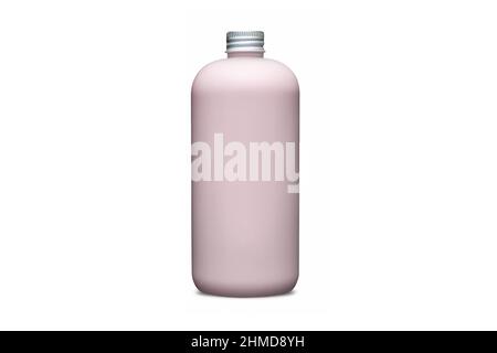 Bottiglia rosa con tappo in alluminio metallico isolato su sfondo bianco. Flacone per cosmetici con dispenser contenitore per liquido per gel, lozione, schiuma da bagno 3D Foto Stock