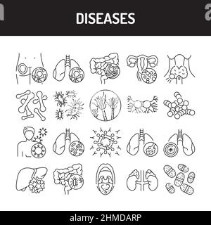 Icone delle linee di colore delle malattie impostate. Pittogrammi per pagina Web, app mobile, promo. Elemento di progettazione GUI UI UX. Tratto modificabile. Illustrazione Vettoriale
