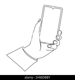 disegno continuo della linea dello smartphone della mano, telefono cellulare a linea singola nell'illustrazione vettoriale della mano Illustrazione Vettoriale