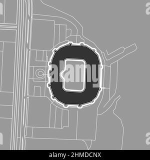 Lima, Stadio di baseball MLB, mappa vettoriale. La mappa dello stadio di baseball è stata disegnata con aree bianche e linee per le strade principali, le strade laterali. Illustrazione Vettoriale