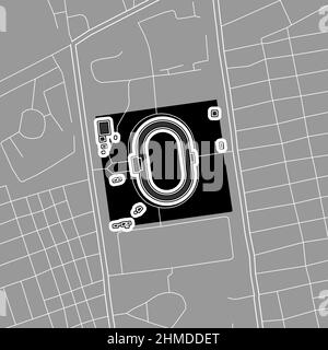 Mogadiscio, stadio di baseball MLB, mappa vettoriale. La mappa dello stadio di baseball è stata disegnata con aree bianche e linee per le strade principali, le strade laterali. Illustrazione Vettoriale