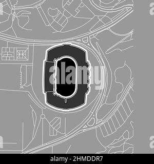 Barcellona, Stadio Baseball MLB, mappa vettoriale. La mappa dello stadio di baseball è stata disegnata con aree bianche e linee per le strade principali, le strade laterali. Illustrazione Vettoriale