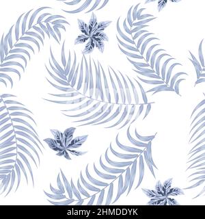 Motivi senza giunture con foglie di palma tropicali d'argento e fiori su sfondo bianco. Vettore di illustrazione decorativo floreale, per disegno di stampa Illustrazione Vettoriale