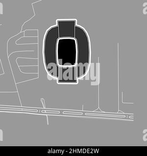 Guayaquil, Stadio Baseball MLB, mappa vettoriale. La mappa dello stadio di baseball è stata disegnata con aree bianche e linee per le strade principali, le strade laterali. Illustrazione Vettoriale