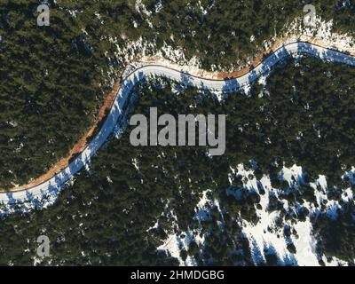 Vista dall'alto di una strada curva e nevosa tra i pini. Foto Stock