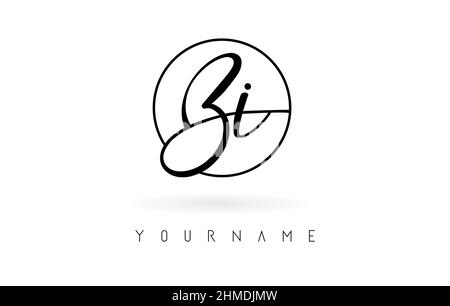 Lettere scritte a mano disegno del logo Bi con semplice illustrazione vettoriale circolare. Icona creativa con lettere cablate e cornice circolare. Illustrazione Vettoriale